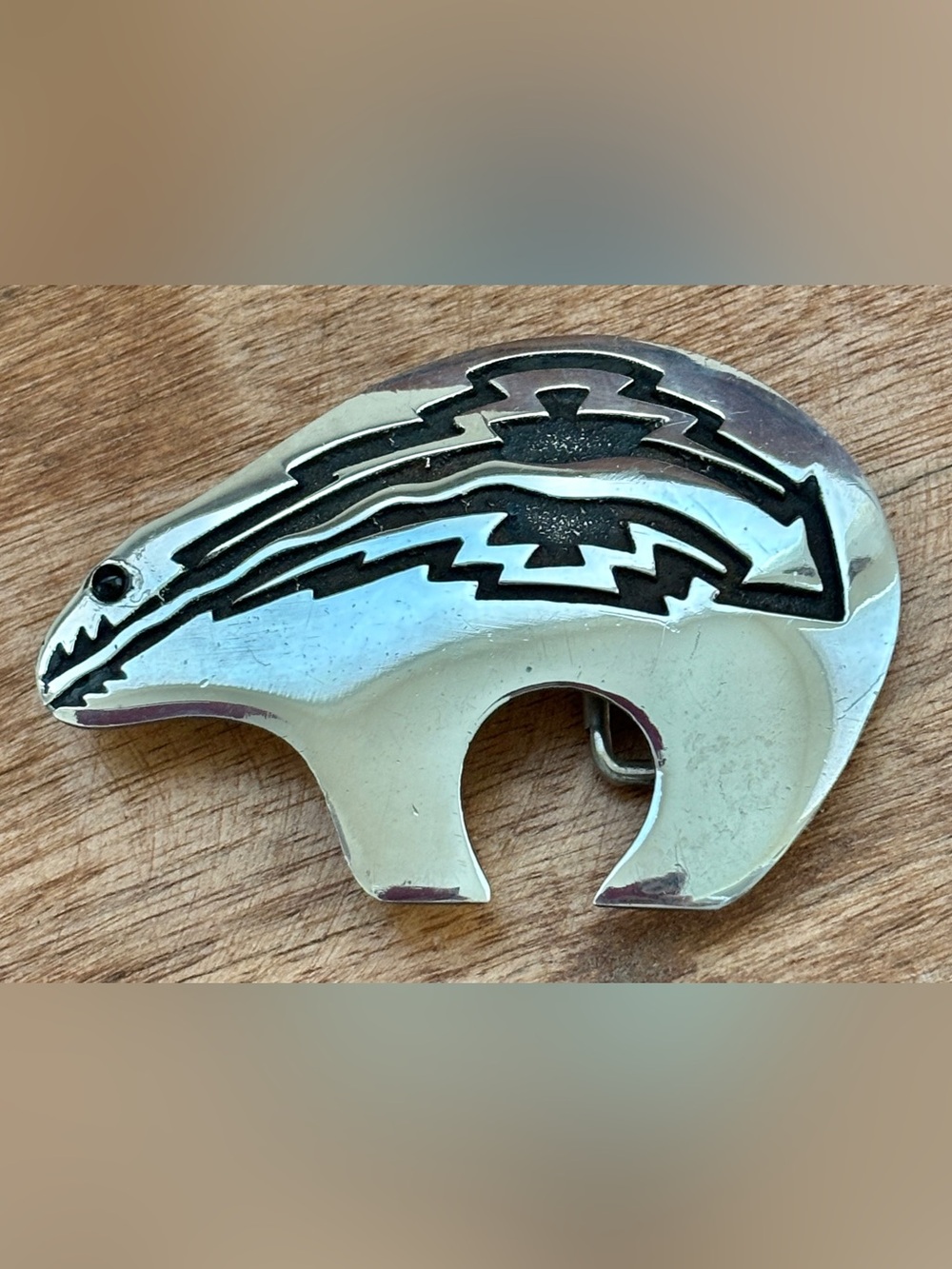 Vintage Navajo or Zuni “Sterling K S” Bear Heartland Fetish Sterling Belt Buckle